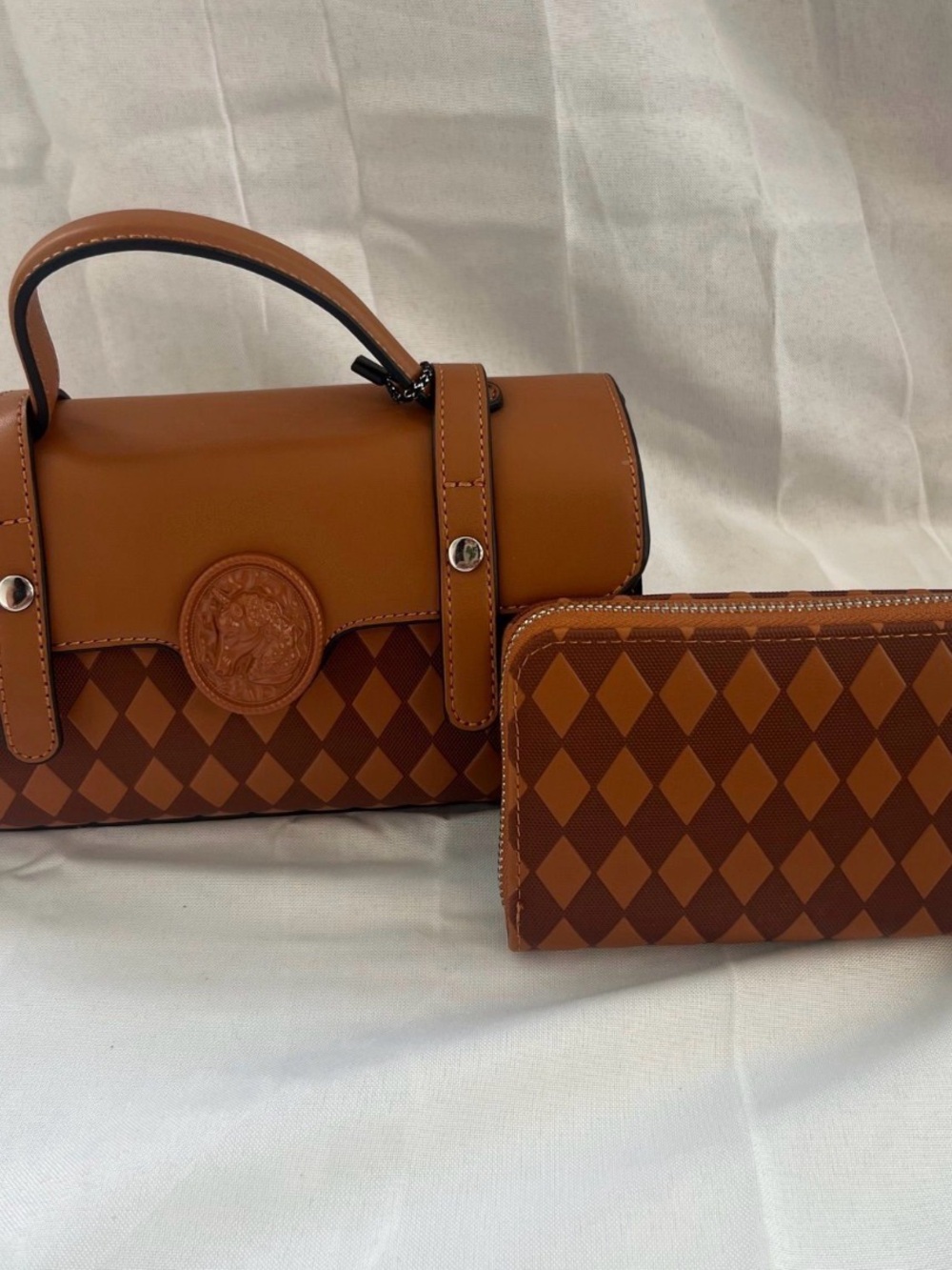 Brown Diamond-Pattern Top-Handle Bag with Matching Wallet